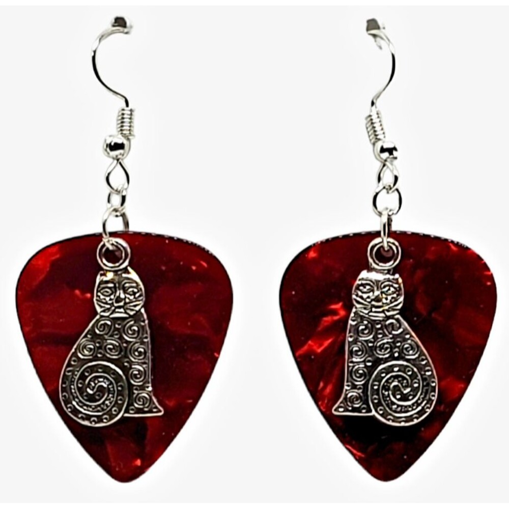 Kitty Cat with Swirls Charm Guitar Pick Earrings - Choose Color - Handmade USA